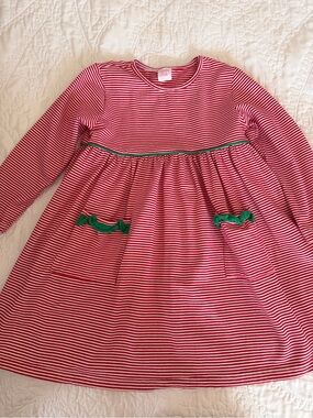 Stitchy Fish- Girls Red & White Striped Long Sleeve Dress with Green Trim